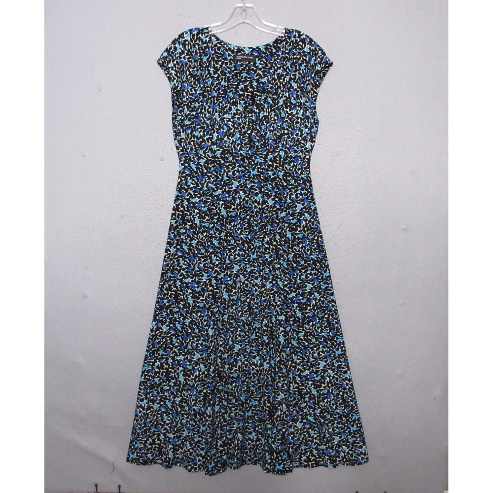 Jones New York Dress 10‎ Black Blue Floral Midi Jersey Knit Career Flowy V Neck